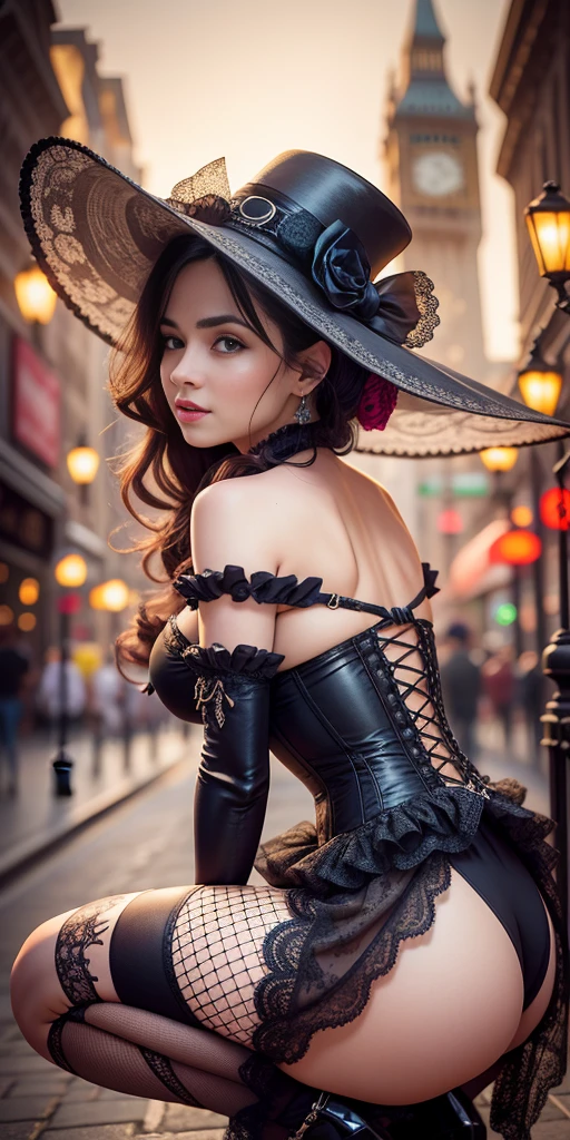 NSFW,Best possible quality, high resolution 8k,under the moonlight，night city，night street,most Beautiful woman with a dress and hat ,cat pose，squatting on all four，all four on ground, tanned skin, fine hat, elegant,fantasy Victorian art, Victorian inspired science fiction, steampunk fantasy style, steampunk fantasy, Miss Aniela, Victorian lady, Victorian city, Victorian style costume, intricate Victorian dress, Victorian inspired clothing,  League holder, fine art fashion photography, steampunk fiction, steampunk aesthetic, fantasy genre portrait, fine art fashion magazine style,BREAK,only underwear ,white underwear, BREAK, FROM BEHIND, FROM BELLOW