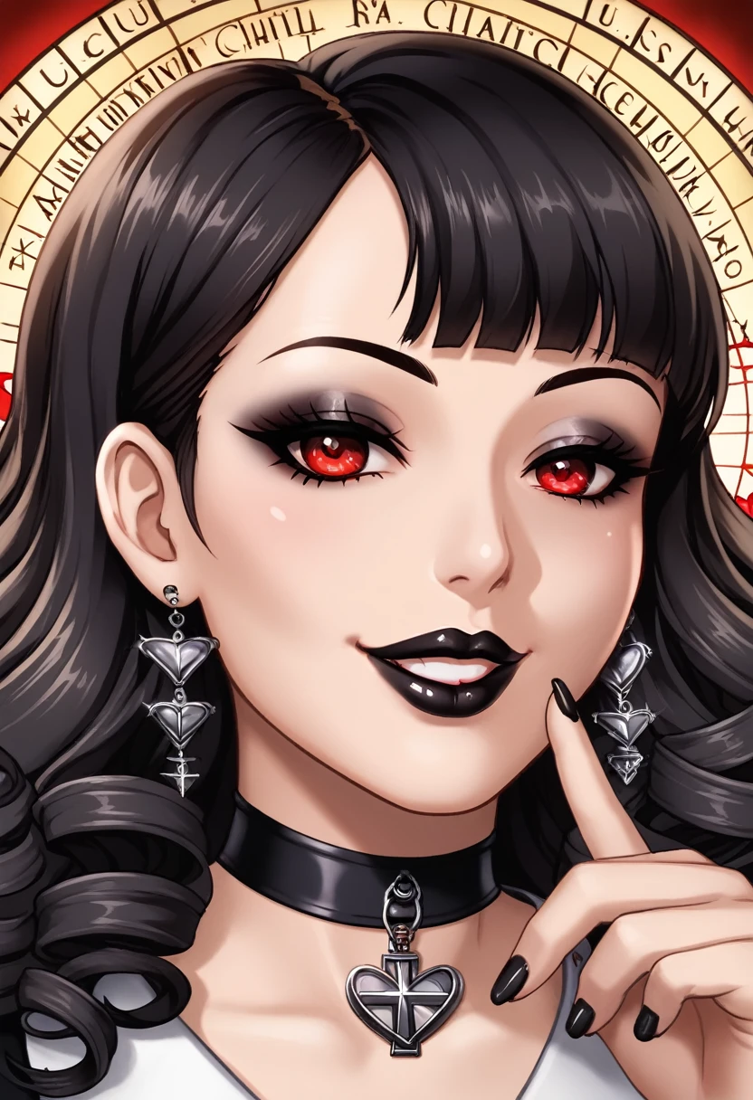 Sexy gothic girl, black hair, curly square haircut, red eyes, black lipstick, black nail, eyeliner, little sadistic smile, dark and deep look. Masterpiece, UHD, detailed. Into a satanic church, medium shot