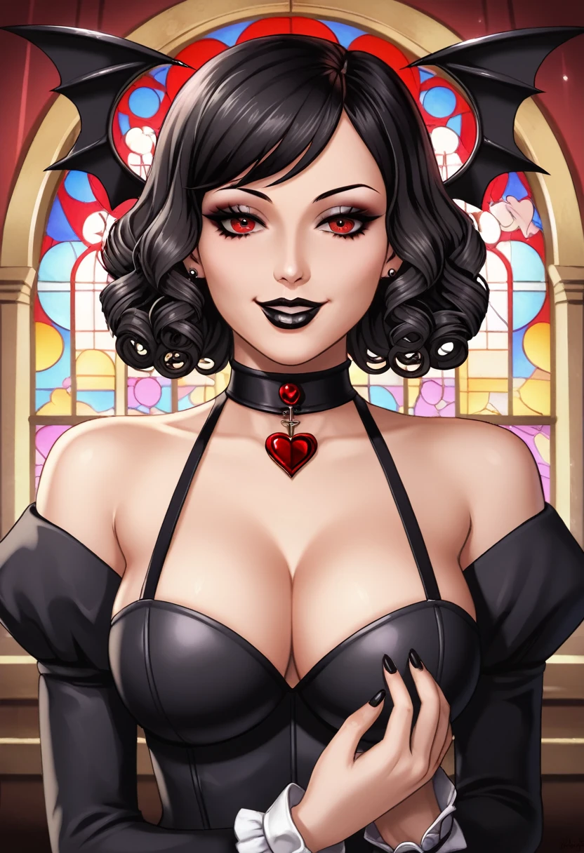 Sexy gothic girl, black hair, curly square haircut, red eyes, black lipstick, black nail, eyeliner, little sadistic smile, dark and deep look. Masterpiece, UHD, detailed. Into a satanic church, medium shot