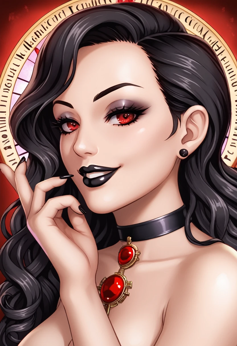Sexy gothic girl, black hair, curly square haircut, red eyes, black lipstick, black nail, eyeliner, little sadistic smile, dark and deep look. Masterpiece, UHD, detailed. Into a satanic church, medium shot