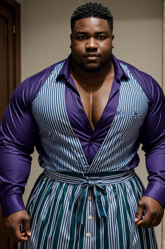 Make a black male dragon with green eyes, this chubby one with large pectorals, wearing purple clothes with unbuttoned buttons, and underneath that shirt, a long-sleeved blue and white striped dress.
