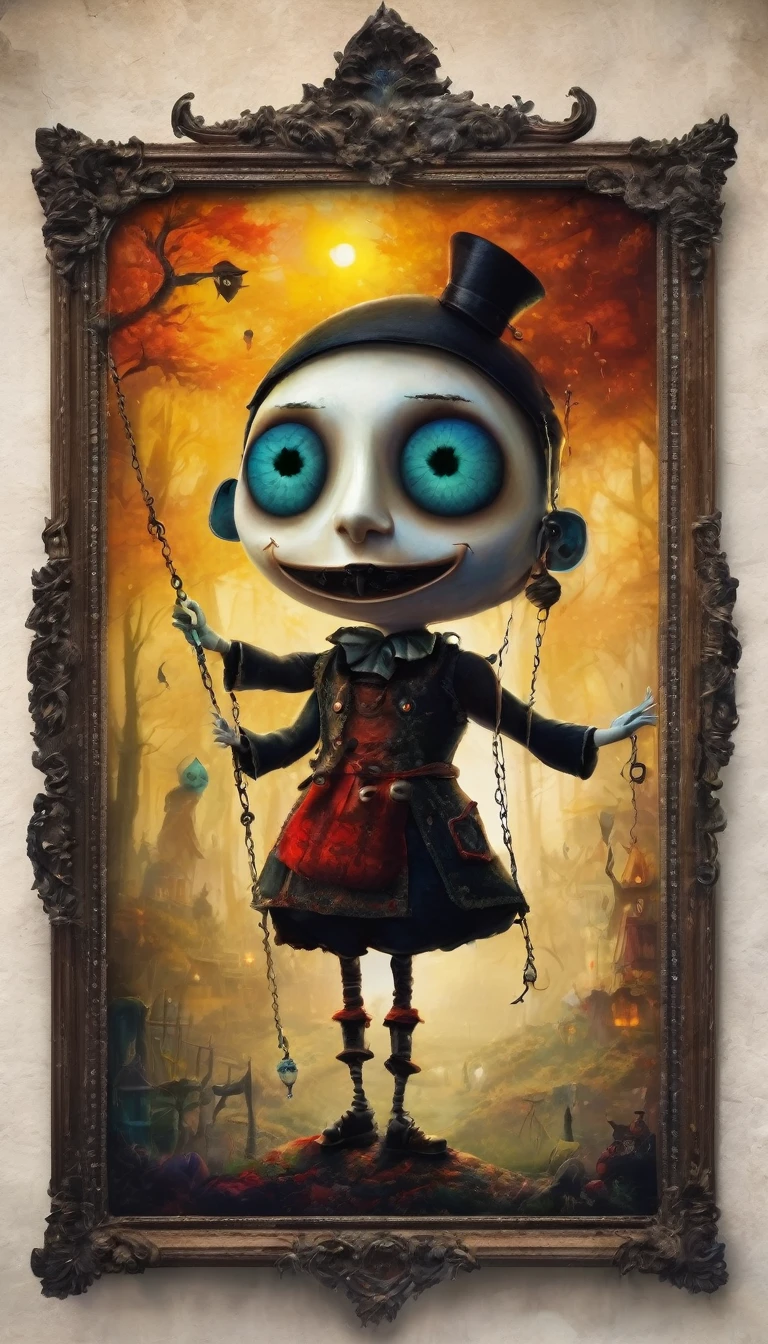 colorful marionette,(cursed puppet), artistically expressed, stylish alexander jansson, amazingly beautiful work, Landscape characters and elements fit perfectly within the image frame, Detailed realization, Definition High Quality, expressive face, clear eyes、ghost house,masterpiece,cute cursed doll
