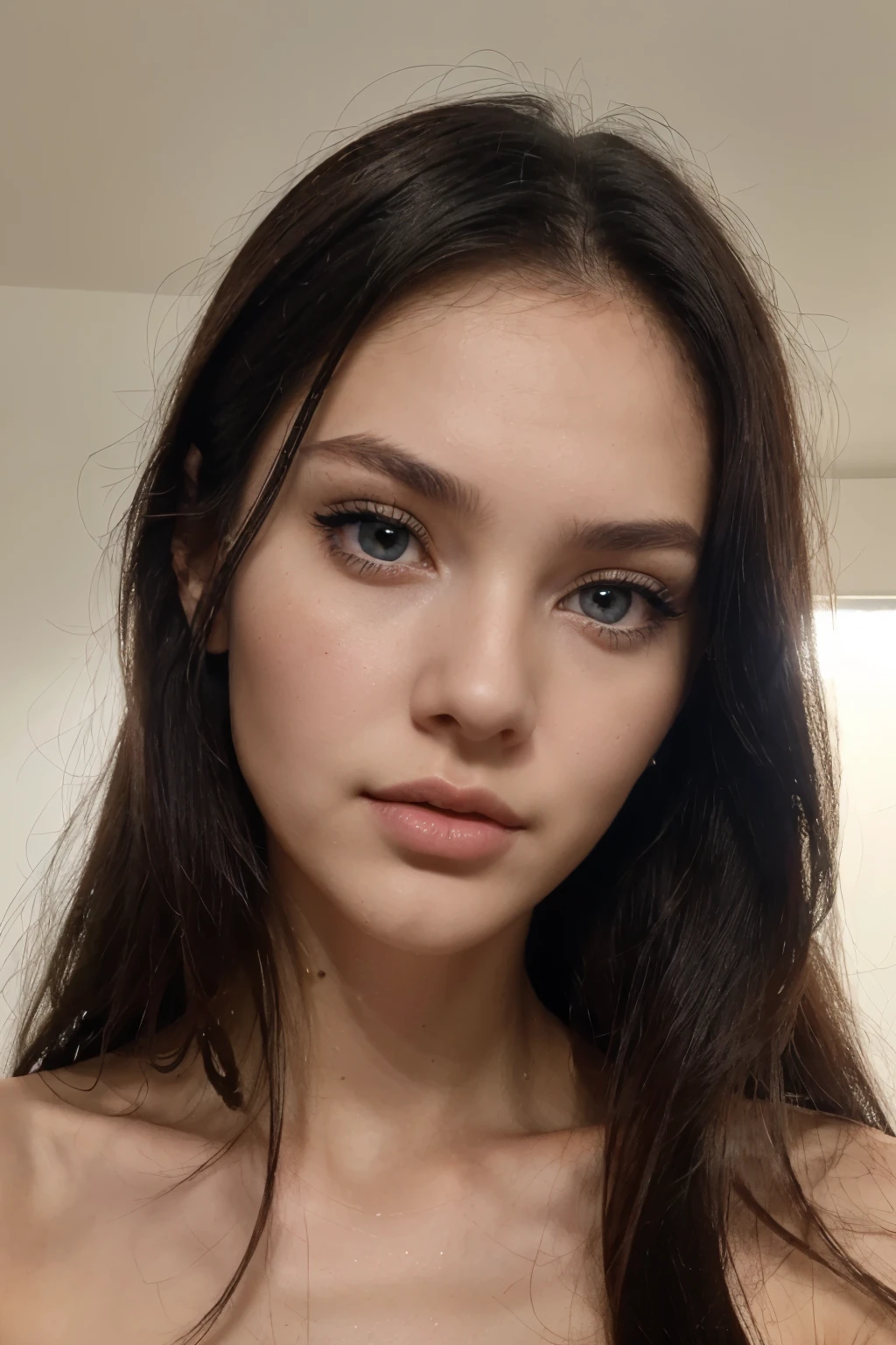 (photo of the face, close-up of the face) (beautiful  girl). makeup, made-up face, the most beautiful girl in the world. beautiful and perfect face, (slender body) slender body, (black hair) (blue eyes) (white skin) Beautiful body, Western face, predatory eyes, pink lips, Western beauty, thin nose.