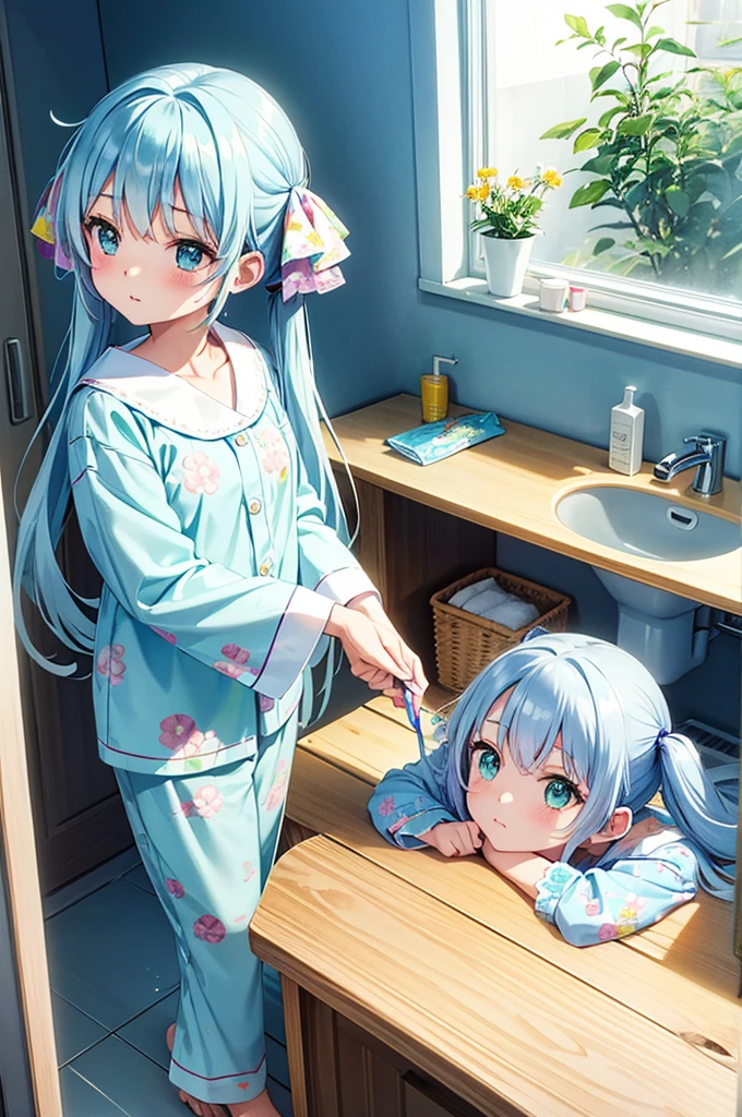dentifrice Have a toothbrush Light blue long hair beautiful girl with twin tails Just woke up Bright, Sunny wash basin Green floral pajamas、There are many flowers around