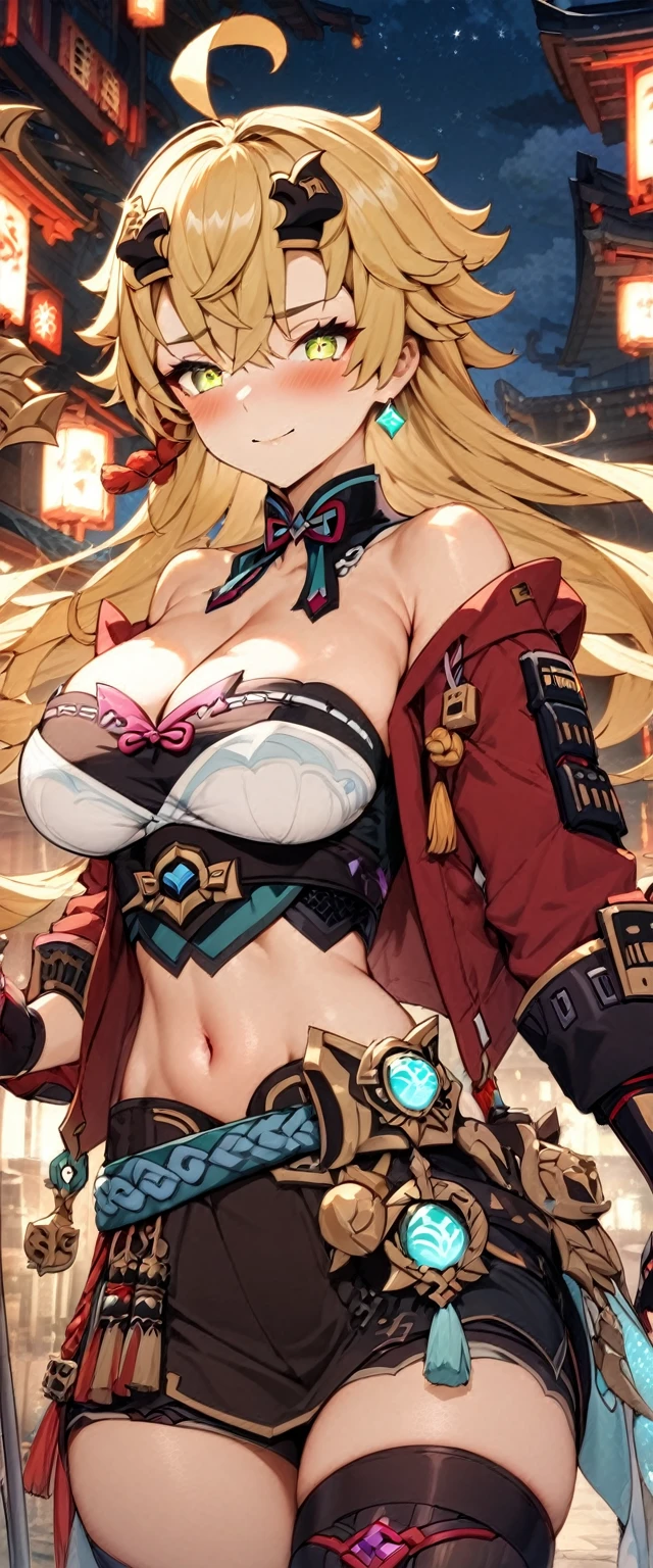 (masterpiece), best quality, expressive eyes, perfect face,1girl,thoma \(genshin impact\), genshin impact,izakaya,[[cross spear]],holding,holding weapon,shy smile,blush,cowboy shot,glowing eyes,big breasts,cleavage,navel,skirt,red vision,long hair,strapless,bare shoulder,magical girl,studio lighting,(sparkle:0.9),(glitter:0.9)