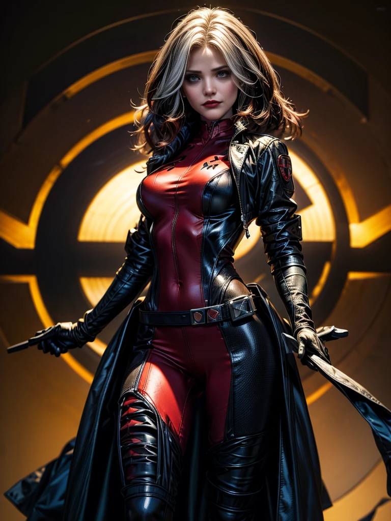 Cameron Diaz、masterpiece、High quality 4K、villain (X-Men)、Gothic Girl、Sculpted Body Gothic Makeup、Black jacket、Red and blue bodysuit、masterpiece、Highest quality、Cowboy Shots、One personの女の子、One person、Technology Military Bodysuit、fringe