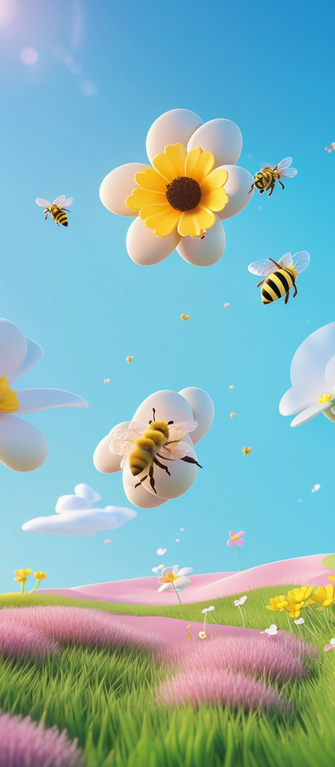 there is a bee flying over a field of flowers with a bee, a 3D render by jeonseok lee, trending on polycount, conceptual art, cute 3 d render, soft 3d render, cute! c4d, stylized as a 3d render, stylized 3d render, adorable digital painting, cute detailed digital art, 3 d bee