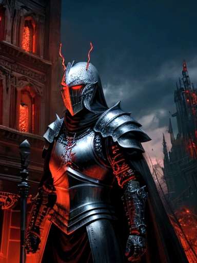 (extremely detailed 8k wallpaper), a medium shot photo of scary Grim dressed as a white masked knight in an armour made of red glowing wires from marvel, theme, intricate, high detail, dramatic, old scary building with metallic spikes in the background