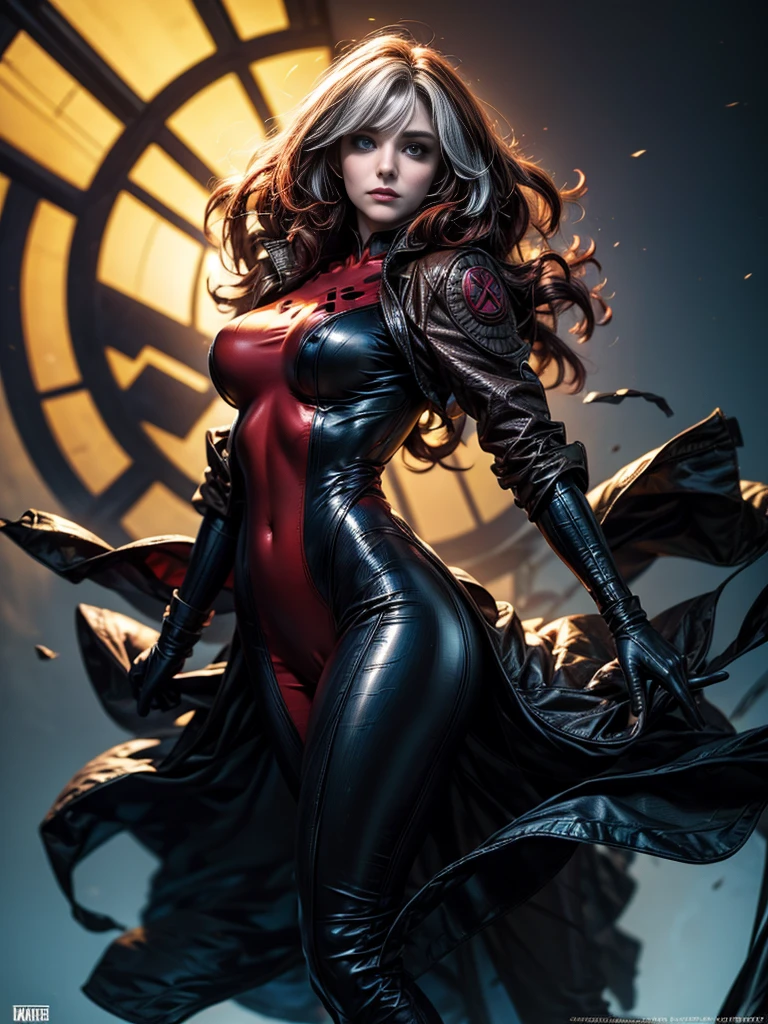 Krysten Ritter、masterpiece、High quality 4K、villain (X-Men)、Gothic Girl、Sculpted Body Gothic Makeup、Black jacket、Red and blue bodysuit、masterpiece、highest quality、Cowboy Shots、one personの女の子、one person、Technology Military Bodysuit、fringe