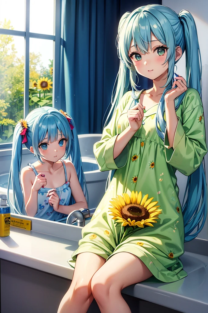 dentifrice Have a toothbrush Light blue long hair beautiful girl with twin tails Just woke up Bright, Sunny wash basin Green floral pajamas、There are many sunflowers around