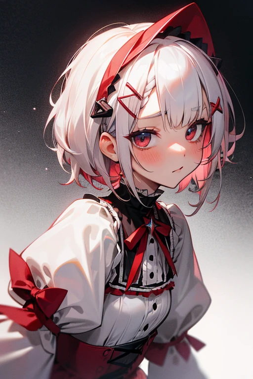 Short white hair, blush, Gothic Lolita、Punk Fashion、Headbang 2.、White and red clothes、Braiding、2 hair clips、Star-shaped hair clips、