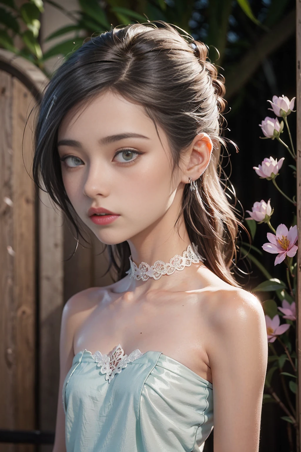 (: 1.5), lace, ribbon, Hanfu, (masterpiece, side light, delicate and beautiful gray eyes: 1.2), masterpiece, realistic, glowing eyes, shiny hair, dark hair, long hair, shiny skin, solo, awkward, strapless, delicate, beautiful, garden, flowers, fluttering petals,