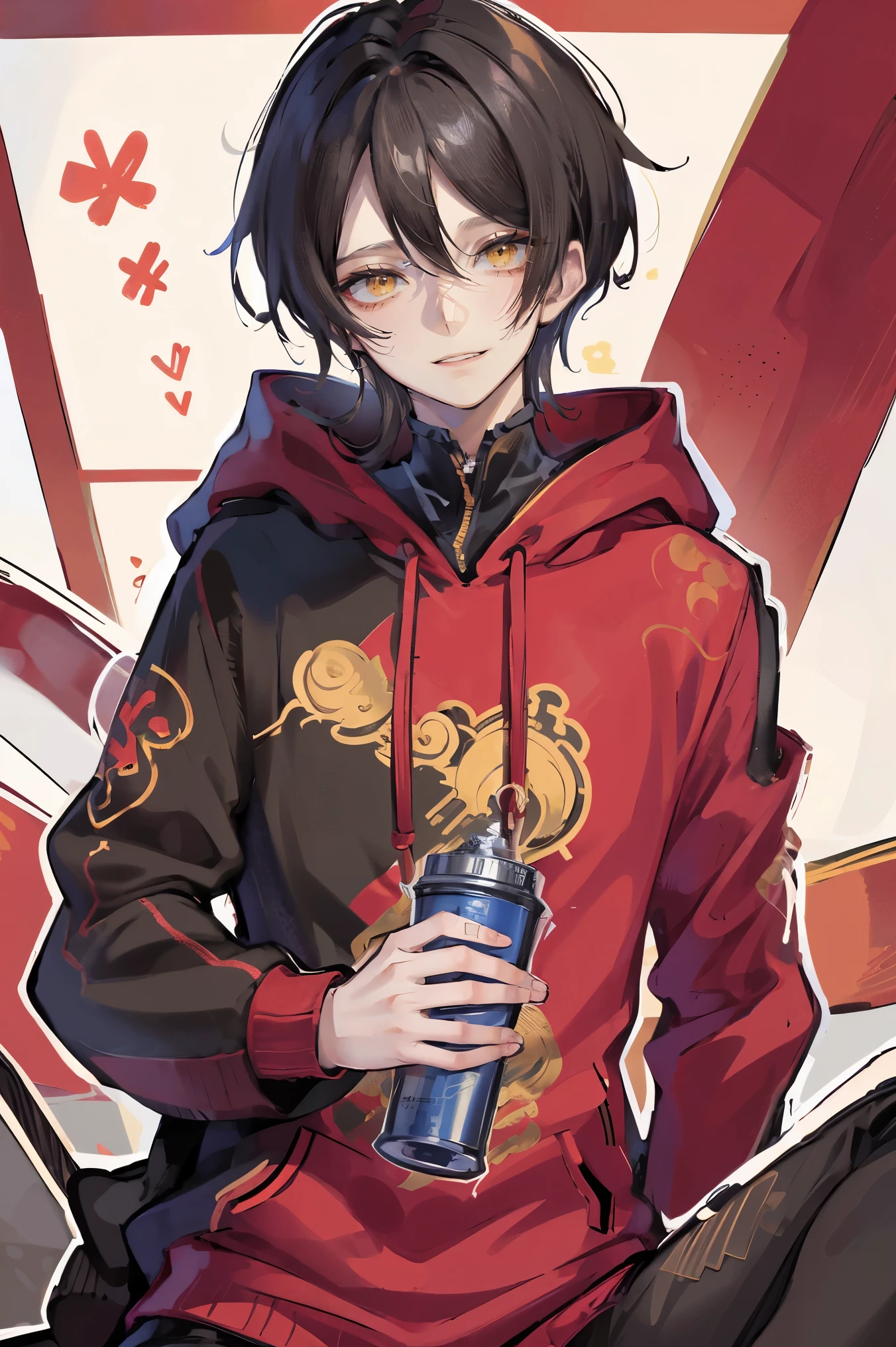 hui xiyi, rekkyou sensen, rekkyo sensen, black hair, yellow eyes, boy, male, hoodies, (red hoodies:1.25)