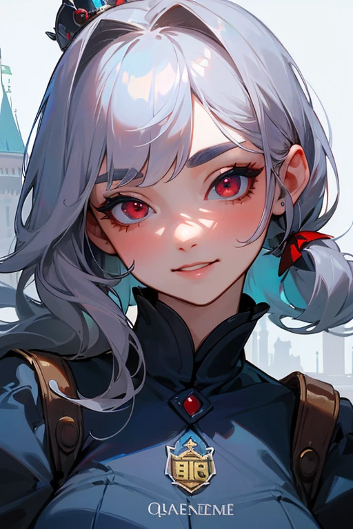 (Highest quality, masterpiece:1.2), (High resolution, 最高masterpiece).(difficult).Very detailed, Realistic:1.37, Fantasy, An illustration,Gray Hair、 Red eyes、Queen, Navy and blue dress、beautifully、Eyeshadow Red、Thick eyebrows、Long eyelashes、pupils are black、shiny on the lips、Top Sites、Queen、Princess、A kind smile、Show your teeth a little and smile、Soft impression、people々々々々々々々々々Loved by、Slimming the face、Shoulder Bare、ponytail、Kissing Face、Long white hair、Shaggy Bangs、Save face image、Cinderella Castle、