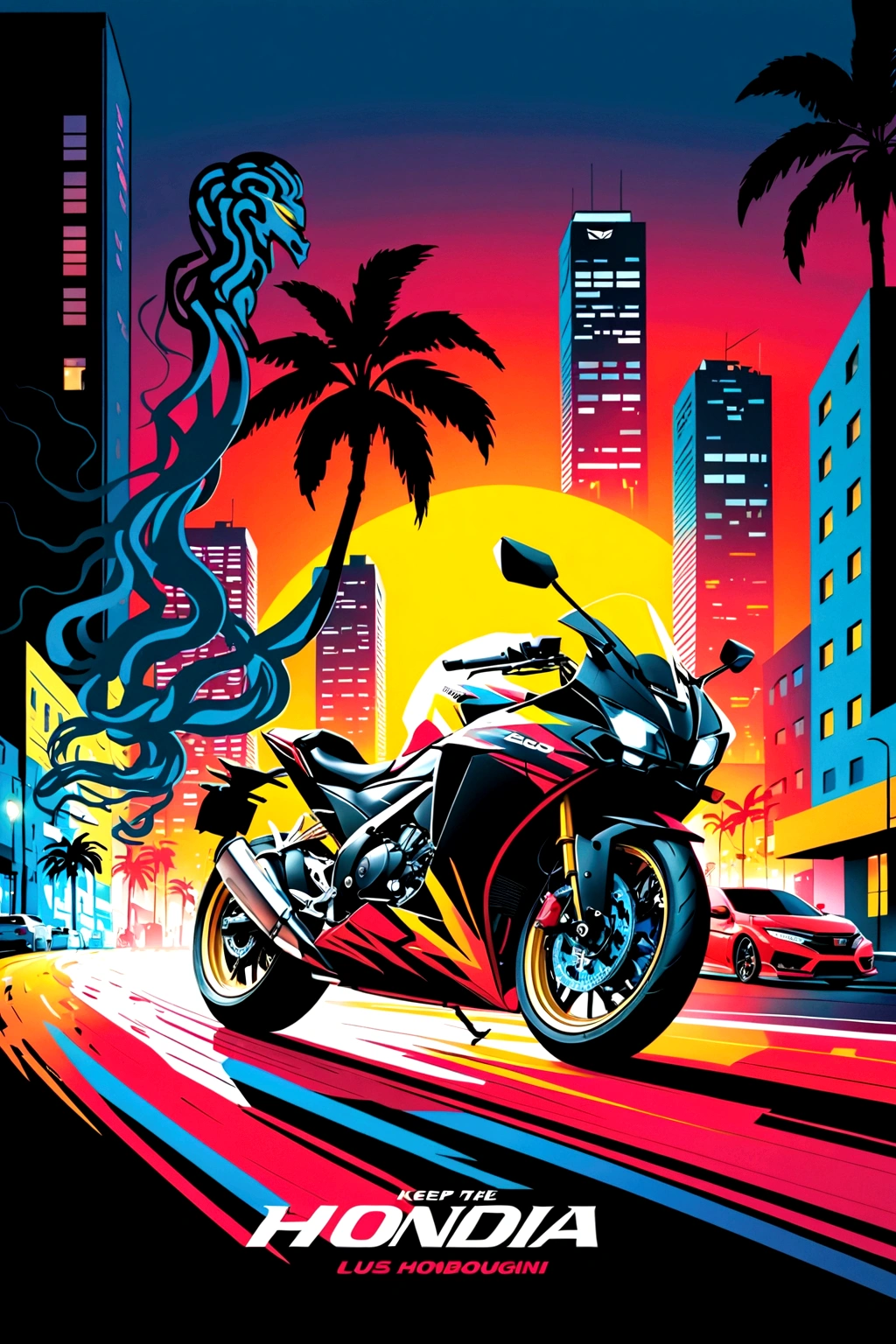Yellow Lambourguini Urus in front of the 2020 Honda CBR motorcycle next to the car. Keep the graphic style intense and colorful with a colorful city background and city lights glowing in the background