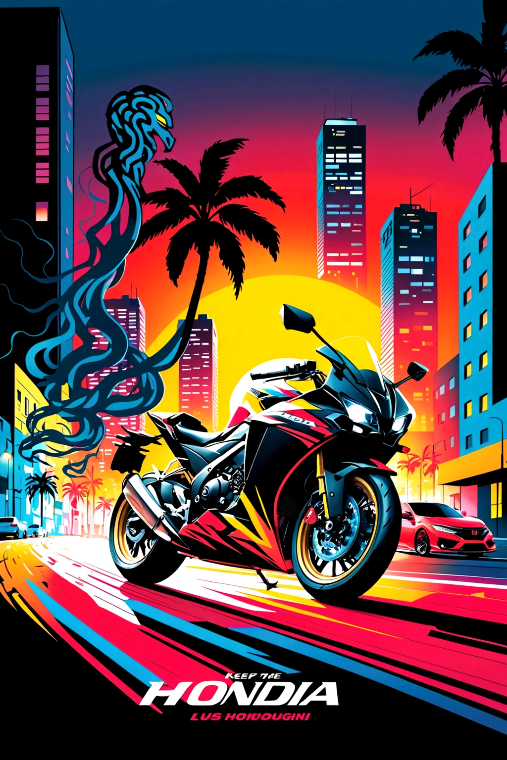 Yellow Lambourguini Urus in front of the 2020 Honda CBR motorcycle next to the car. Keep the graphic style intense and colorful with a colorful city background and city lights glowing in the background