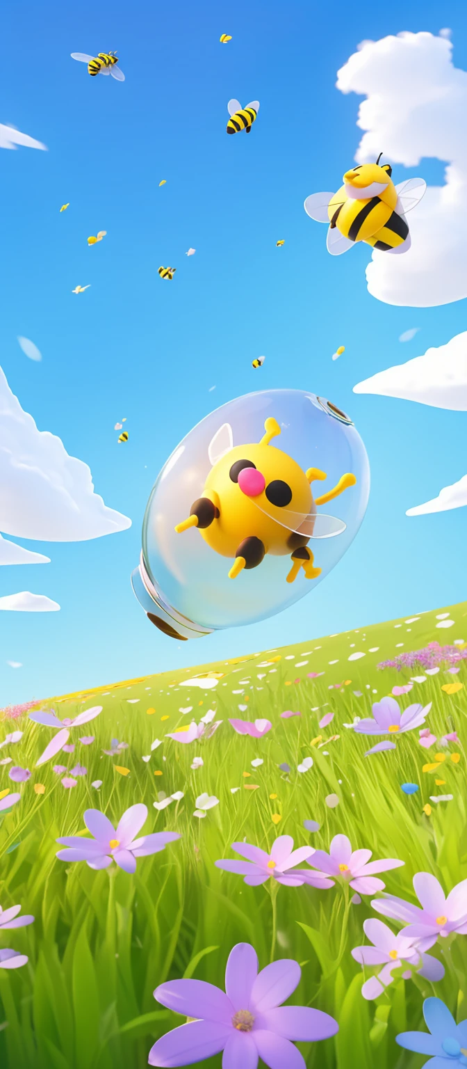 there is a bee flying over a field of flowers with a bee, a 3D render by jeonseok lee, trending on polycount, conceptual art, cute 3 d render, soft 3d render, cute! c4d, stylized as a 3d render, stylized 3d render, adorable digital painting, cute detailed digital art, 3 d bee (photo realistic:1.4), surrealism, dream-like, ((abstract art)), vector arts,) (8k, RAW photo, best quality, masterpiece:1.2, Sharp image, vector)