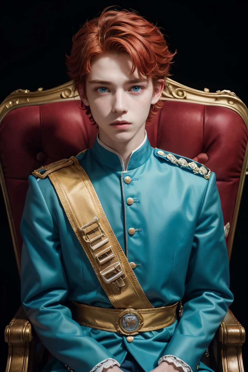 1 boy, 19yearsold, standing alone, red hair with freckles on the face, gazing at viewer, prince style hair , blue colored eyes, realisitic, sitting on royal throne