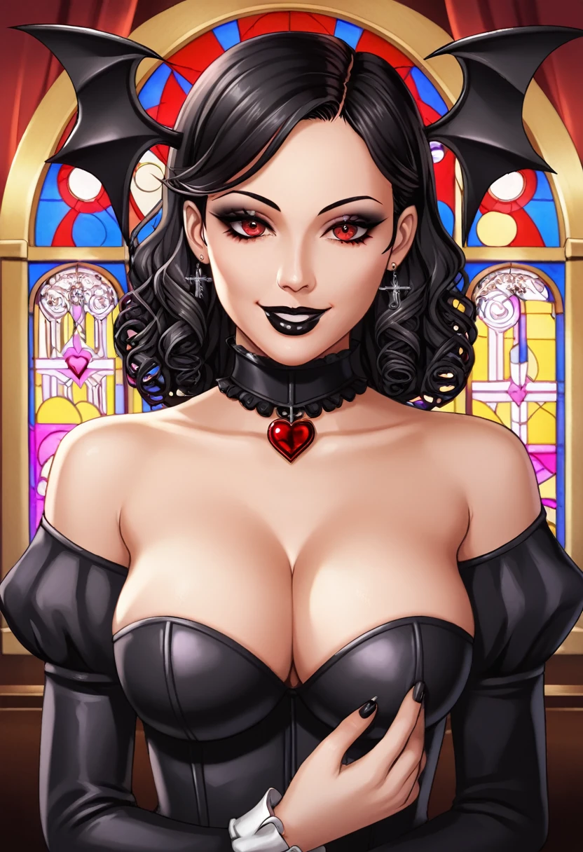 Sexy gothic girl, black hair, curly square haircut, red eyes, black lipstick, black nail, eyeliner, little sadistic smile, dark and deep look. Masterpiece, UHD, detailed. Into a satanic church, cowboy_shot