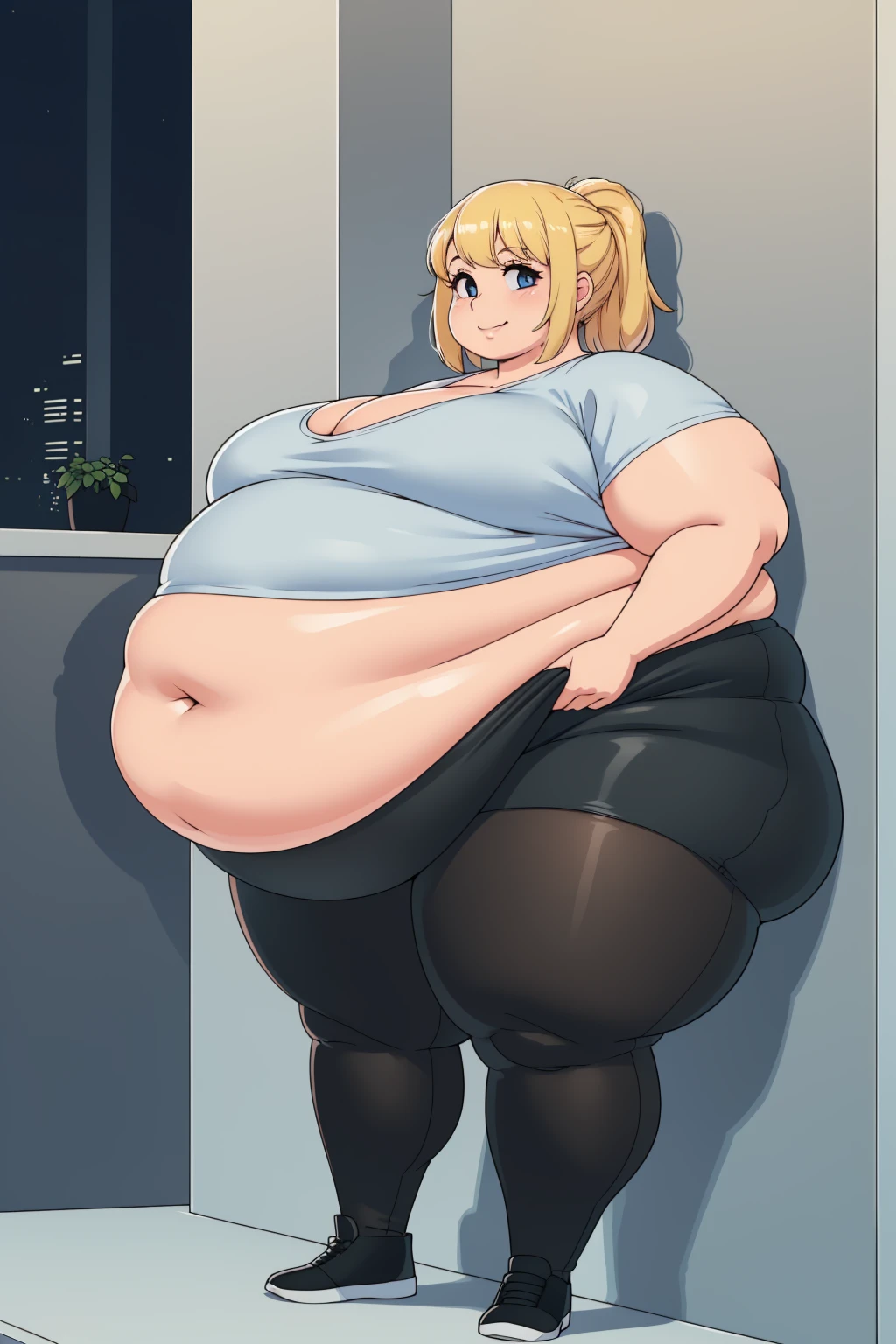 masterpiece, (photorealistic), (8k wallpaper) , (best quality), perfect quality, solo, (detailed eyes), girl, Elizabeth, very beautiful, small smile, young, face : (make up, young, very beautiful face, small smile, very beautiful, cute face, young, big eyes) , figure: ( very full body, big breasts, very full figure, very thicc, very thick, very chubby, very chubby belly, wide waist, very soft, very curvy, love handles, fat rolls, belly rolls, sexy curves, sexy pose, sexy, muffin top, very thick thighs, thunder thighs) , clothes : (tight black miniskirt, white tight shirt, tight uniform, black tights)