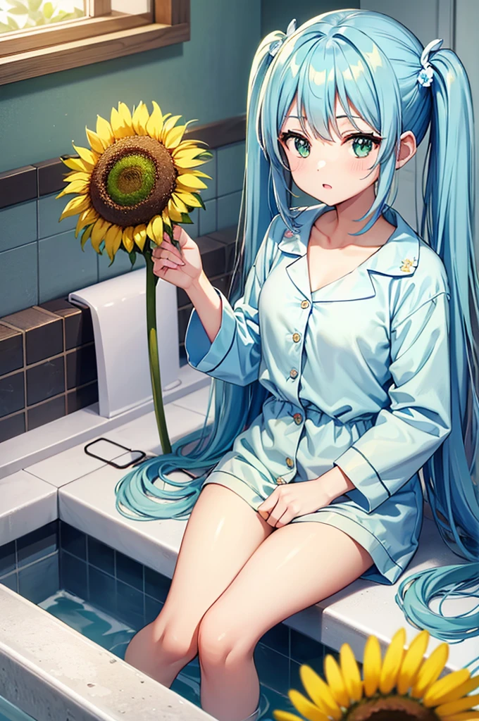 dentifrice　Have a toothbrush　Light blue long hair　beautiful girl with twin tails　Just woke up　Bright, Sunny wash basin　Green floral pajamas、There are many sunflowers around　