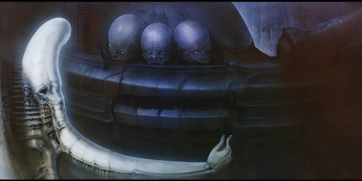 g1g3r, Giger_style, The image is a detailed view of H.R. Giger's \" Li II \" plate, featuring a complex network of bones and organs in a purple-brown hue ,swirling gray and brown colorsgroup of three alien figures positioned in the foreground.  Emaciated and skeletal, with hollow eyes, they appear to be constructed from bone and  metallic  elements,  a  characteristic  fusion  of  organic  and  mechanical  forms  found  in  Giger's  biomechanical  art.  
 The image features a robotic humanoid figure with intricate mechanical details, standing in a room with a glowing screen displaying the word \"EVE\" and a hand reaching out to touch its face.  The background is a dark and  limited  space  painted  in  a  uniform  blue-green color.  This  lack  of  detail  keeps  the  focus  on  the  figures  and  creates  a  sense  of  mystery  about  their  environment.  Receding into the distance  are  a  series  of  arches  and  tunnels  that  hint  at  a  larger  biomechanical  landscape,  possibly  the  work  of  the  creatures  themselves The artwork is silver and purplish brown, with an ivory bones prominently displayed. The image is highly detailed and intricate, almost like a 3d version of a medical diagram (detailed view of an anatomy model, possibly of a human body, with transparent organs and bones exposed). The piece has a thick mechano-organic texture and is covered in fine details. The image has a swirling, organic quality to it. The artistic manner would be unmistakably Gigeresque. A dark and unsettling beauty would permeate the piece, blurring the lines between fascination and repulsion , forever haunted by the grotesque allure. Giger's signature artistic manner would be evident in every stroke. The airbrush would be wielded with masterful precision to create a hyperrealistic yet nightmarish aesthetic.., ooze soaked pajama top
