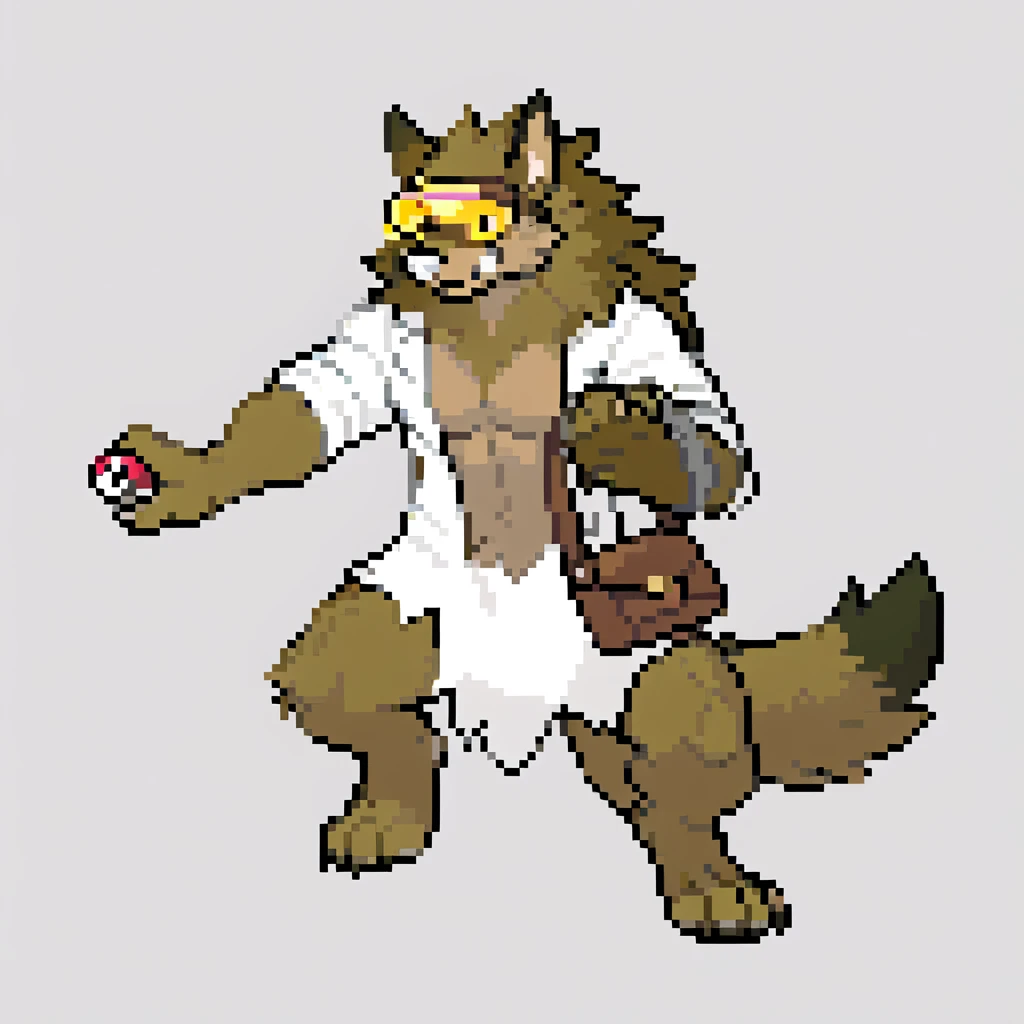 canid, canine, canis, mammal, mythological_canine, were, werecanid, werecanine, werewolf, wolf, anthro, biped, brown_body, brown_fur, white_nose, white_labcoat, visor, brown_satchel, barefoot, left_hand_holding_pokéball, right_hand_holding_clipboard, male, fingers, fluffy, fluffy_tail, fur, muscular, muscular_anthro, full_body, solo, digital_media_(artwork), hi_res, masterpiece,