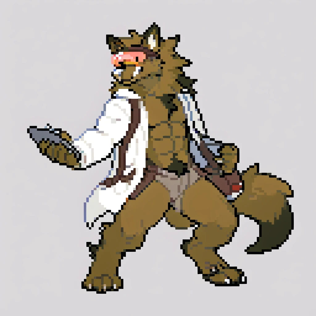 canid, canine, canis, mammal, mythological_canine, were, werecanid, werecanine, werewolf, wolf, anthro, biped, brown_body, brown_fur, white_nose, white_labcoat, visor, brown_satchel, barefoot, left_hand_holding_pokéball, right_hand_holding_clipboard, male, fingers, fluffy, fluffy_tail, fur, muscular, muscular_anthro, full_body, solo, digital_media_(artwork), hi_res, masterpiece,