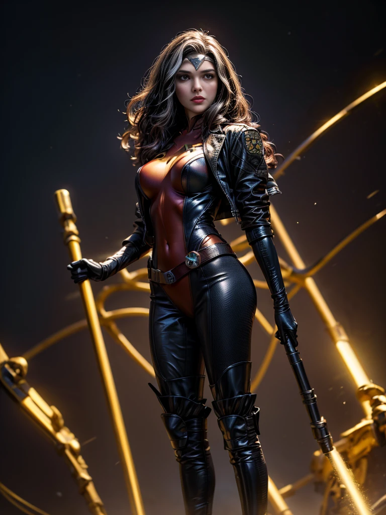 Gal Gadot、masterpiece、High quality 4K、villain (X-Men)、Gothic Girl、Sculpted Body Gothic Makeup、Black jacket、Red and blue bodysuit、masterpiece、Highest quality、Cowboy Shots、One personの女の子、One person、Technology Military Bodysuit、fringe