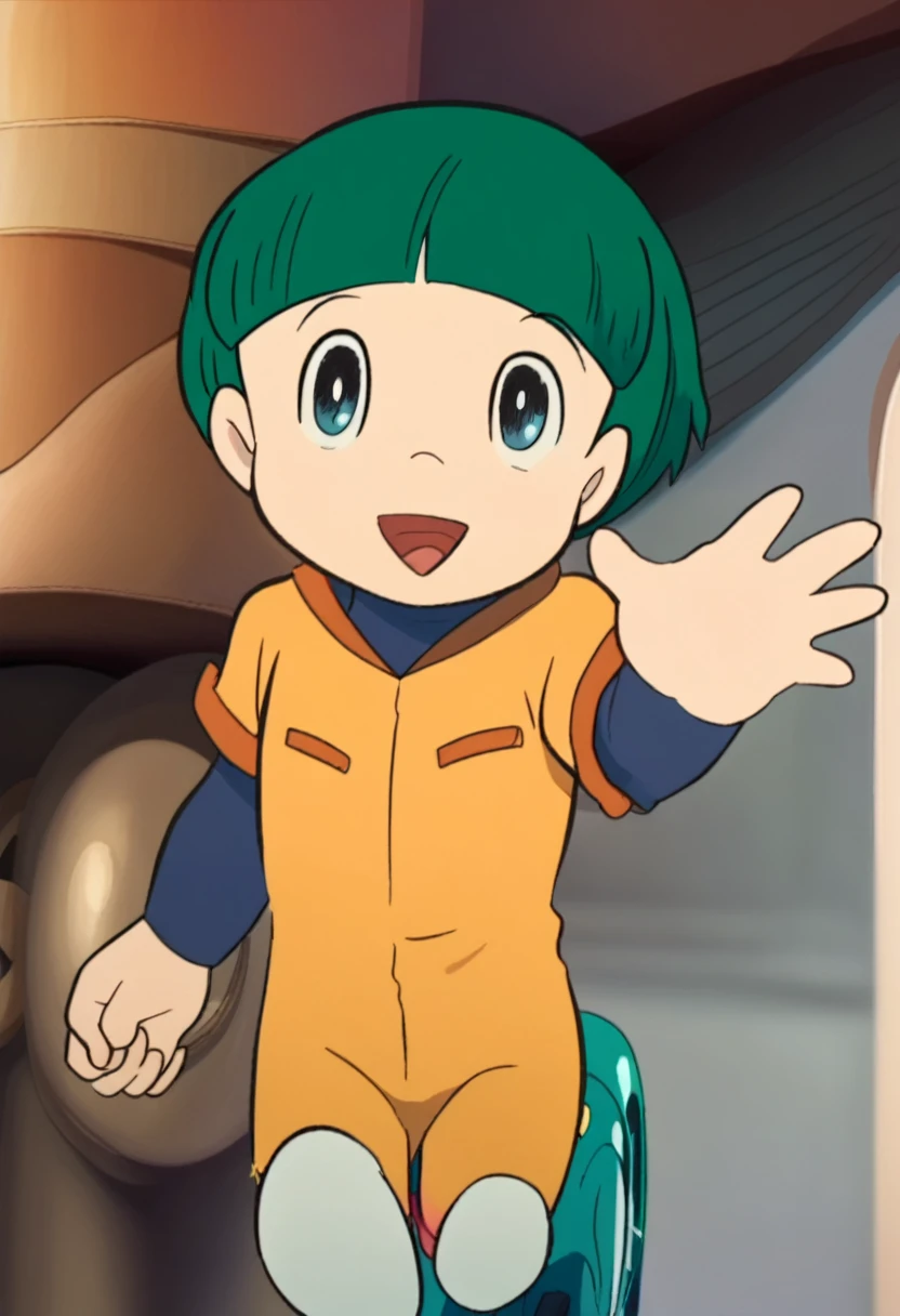 Cute young boy, ropple, blue eyes, green hair, cute face, very smail, laughing, nsfw, small breasts, waist, motorcycle pants, wet spats, cute crotch penis, running, full view body, waving at viewer, looking at another, cute face, very smail, laughing, happy, vaginal penis,