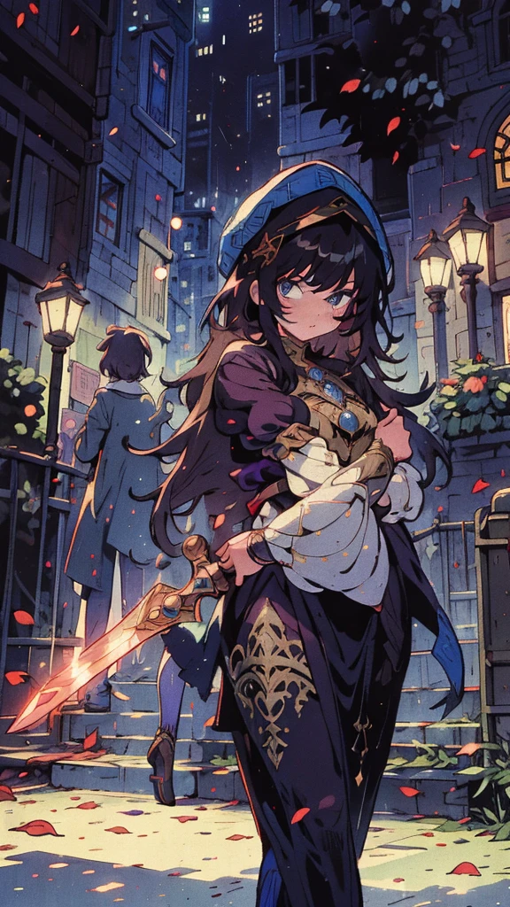 A solo teenager girl dressed in modern clothing, wielding a glowing dagger, posing, walking through a city street at night, with glittering fairy tale elements integrated into the scene. The street is lined with masked ball attendees and falling leaves. The style is Pre-Raphaelite art blended with urban fantasy. Dark, mystical, detailed