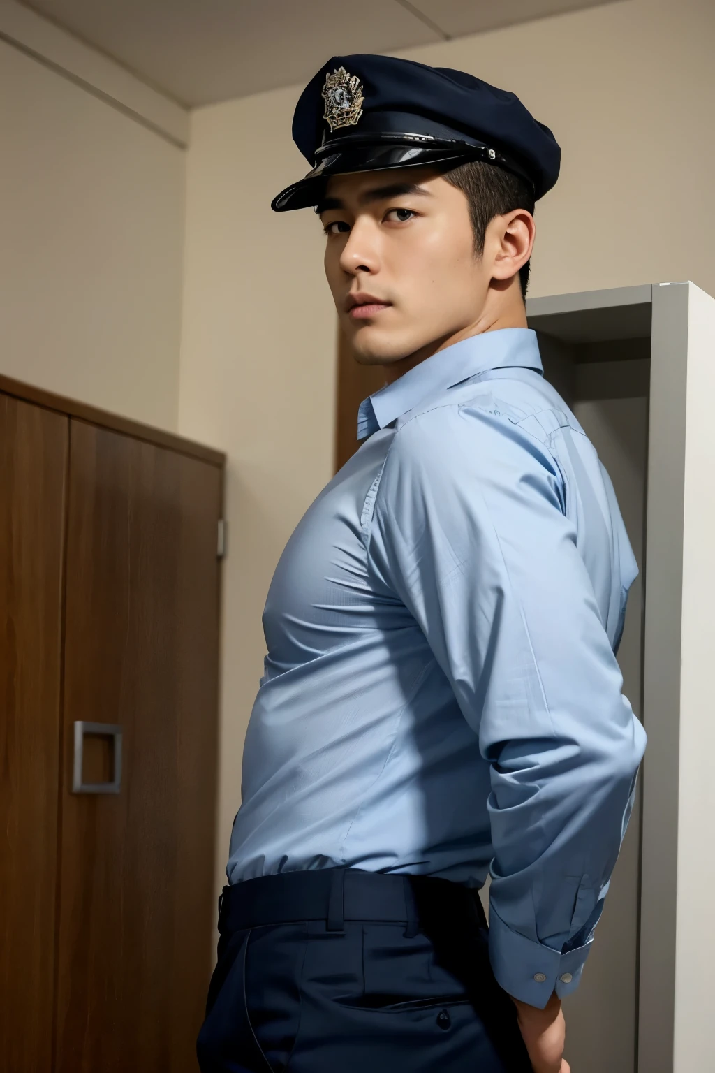 40-year-old boy Japanese muscular male in light blue formal shirt......... wearing police cap, wearing navy blue trouser ...........gooning seductive expression.................... dripping  on body and pants...................., arching back............... looking back to the camera. [[ big unrealistic butt,]] hairy legs.................. muscular thigh......................close up on butt........low angle camera........... in locker room........
