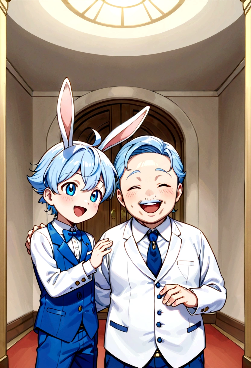 Cute young boy, luca,blue hair, blue eyes, rabbit ears,rabbit boy, cute face, very smail, laughing, utsubuse. photogenic,  fat old man, behind, best quality, amazing quality, very aesthetic, absurdres,