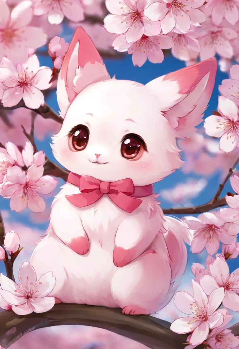 A very cute little cherry blossom animal, surrounded by cherry blossoms