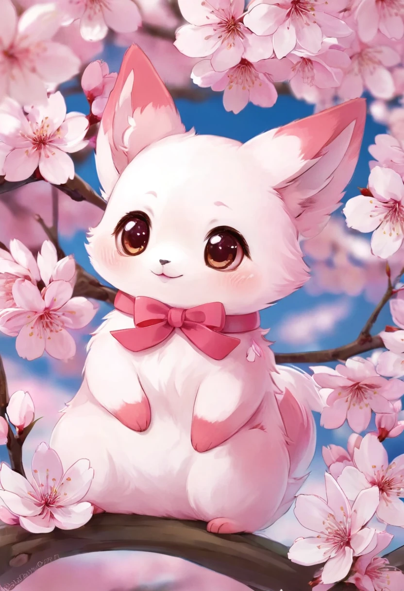 A very cute little cherry blossom animal, surrounded by cherry blossoms