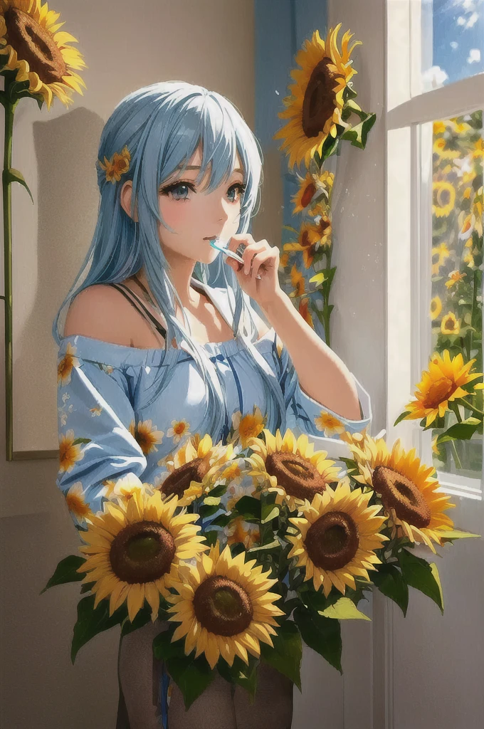 Anime girl brushing her teeth in a bathroom with sunflowers, Beautiful sunflower anime girl, Nightcore, Beautiful and detailed anime art, Beautiful Anime Girls, Realistic Anime 3D Style, Beautiful anime art style, Beautiful anime art, High quality anime art style, Beautiful anime style, Cute Anime Girl, Anime Aesthetics, Realistic anime art style, Smooth anime CG art, Beautiful anime art