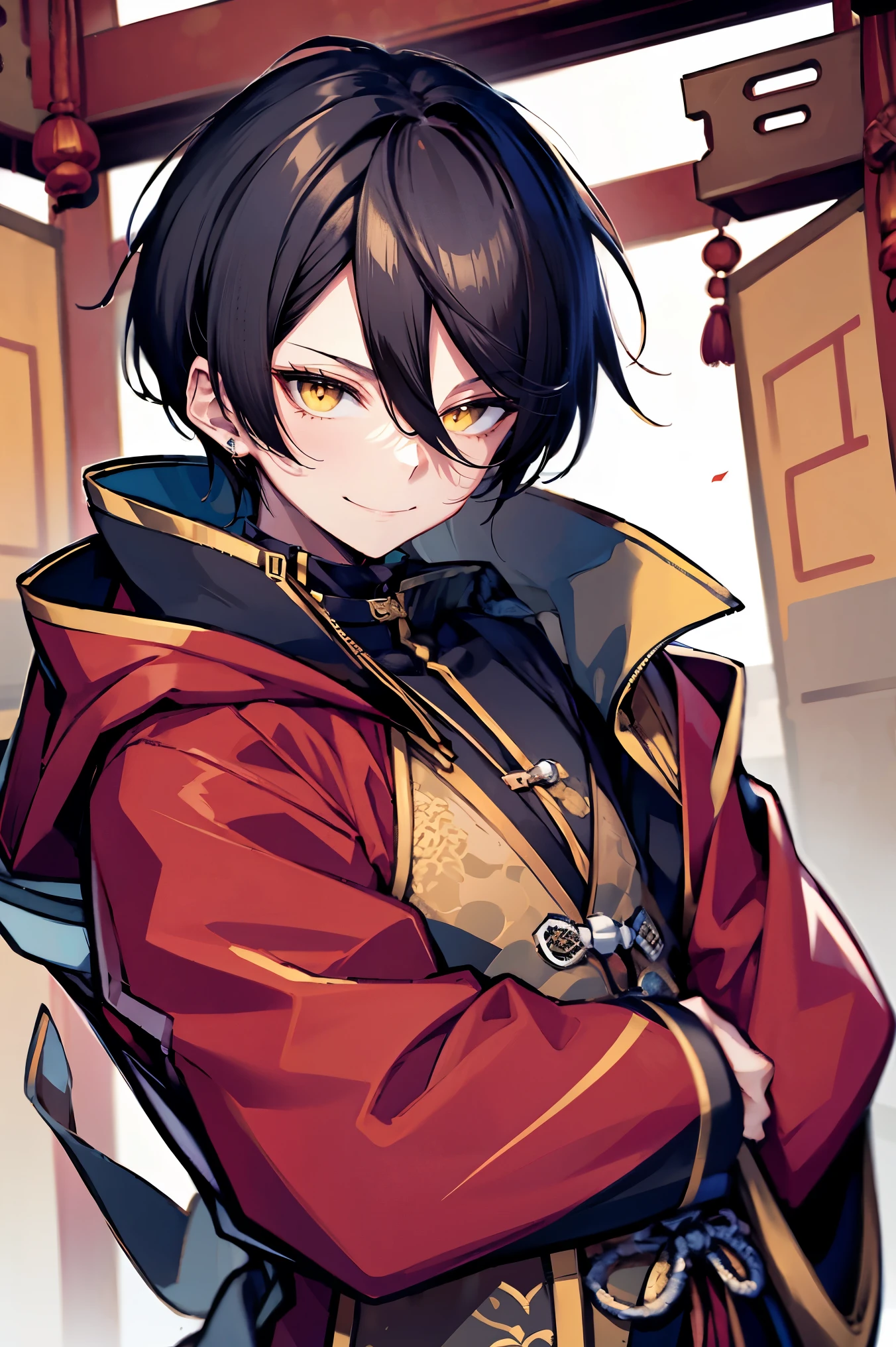 hui xiyi, rekkyou sensen, rekkyo sensen, black hair, yellow eyes, boy, male, hoodies, (chinese clothes:1.25)