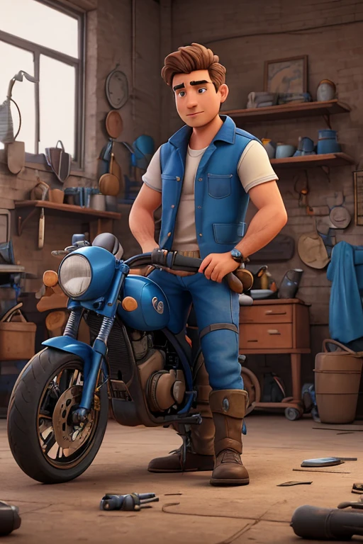 a man repairing his motorcycle in a workshop, broken motorcycle, man sitting on a bench down and repairing motorcycle, cartoon movie scene. the man is repairing a motorbike, repairing the defect of the motorbike