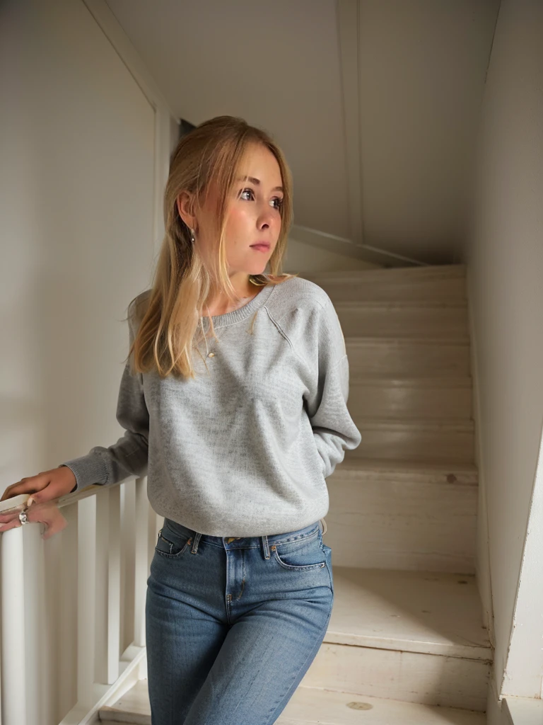 blond woman in a grey sweatshirt and jeans leaning against a stair case, inspired by Leila Faithfull, inspired by Marc-Aurèle de Foy Suzor-Coté, marie - gabrielle capet style, inspired by Maud Naftel, grey sweater, sydney sweeney, in paris, cosy vibes, inspired by Jean-Yves Couliou, wearing sweatshirt