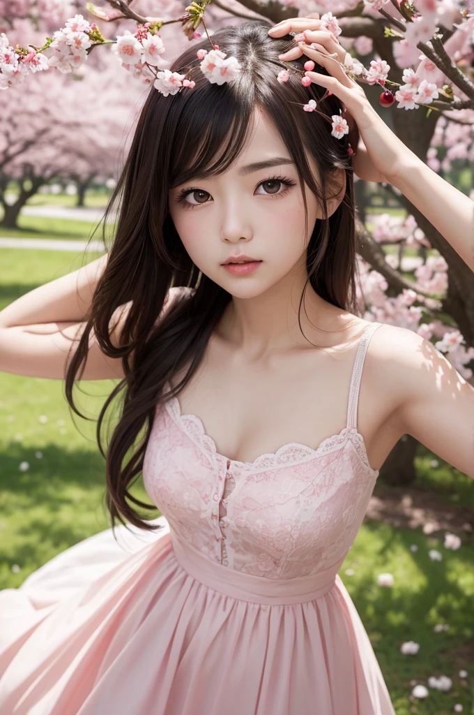 Ray-traced high-quality 8K photography art, instantly reflected eyes and long eyelashes close-up, showing a mysterious aura smile (smile full and mysterious: 1.2), fine skin texture, ultra-high detail restoration (ultra-detail), large-angle natural scenes bring towering trees, blooming petals, colorful butterflies, gentle and charming effects attract attention, wild long-haired girl lonely solo (full body: 1.3), white stockings are just right, the picture is rich in details, such as flowers, flower fields