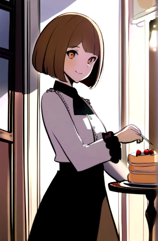1woman, idol, bob cut, short hair, brown hair, cafe, 20s, flared sleeve blouse, flared skirt, smile, pancakes,
