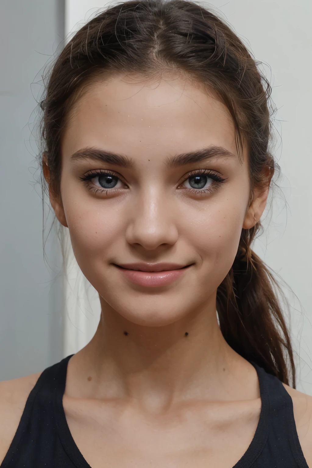 (photo of the face, close-up of the face) (beautiful 16 year old girl). makeup, made-up face, the most beautiful girl in the world. beautiful and perfect face, (slender body) slender body, (black hair tied in a ponytail, dark hair) (blue eyes) (white skin) Beautiful body, western face, predatory eyes, pink lips, Western beauty, thin nose. happy and cheerful girl, smile.