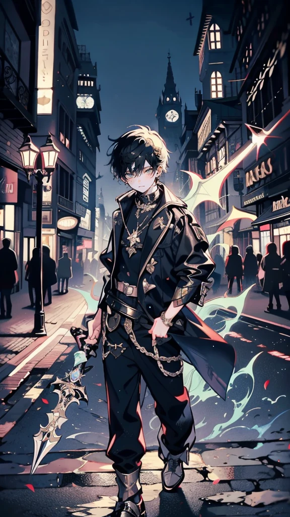 A solo ager boy dressed in modern clothing, wielding a glowing dagger, posing, walking through a city street at night, with glittering fairy tale elements integrated into the scene. The street is lined with masked ball attendees and falling leaves. The style is Pre-Raphaelite art blended with urban fantasy. Dark, mystical, detailed