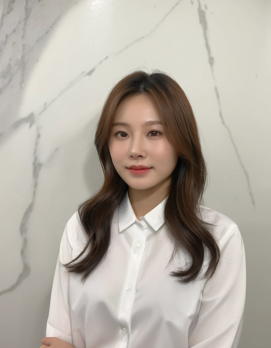 Best Quality, 8k, Masterpiece, (Portrait: 1.3), (photo realistic:1.4), (hyper realistic:1.4), Sharp Focus, looking at viewer, (smoother lighting:1.1), (increase cinematic lighting quality:0.9), realistic lighting, backlighting, light on face, ray trace, (brightening light:1.2), (Increase quality:1.4), sharp detail, (best quality real texture skin:1.4), finely detailed eyes, black_eyes, finely detailed face, 25 year old Korean woman, (white formal_shirt:1.4), (Create an image maintaining the original base model hairstyle:1.5)