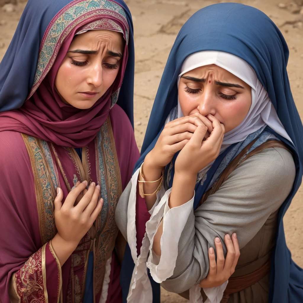 Create a woman in Jewish clothing with a headscarf crying with a face full of tears very sad kneeling