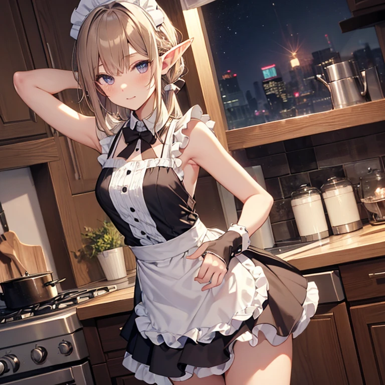 A maid, (in kitchen), various hair styles, night, details face, short skirt, seducing, sleeveless, maid uniform, armpits, elf