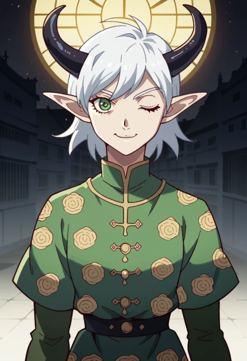 1gir lwith black horns, elf ears, expressive eyes, wink, sneaky smile, short white hair with hair in front of one eye , patterned clothes dress, jojo poses, big medieval city in night time in background, detail richness, masterpiece, best quality