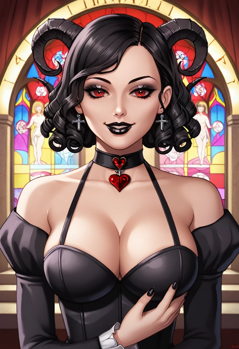 Sexy gothic girl, black hair, curly square haircut, red eyes, black lipstick, black nail, eyeliner, little sadistic smile, dark and deep look, menacing, black horns. Masterpiece, UHD, detailed. Into a satanic church, cowboy_shot