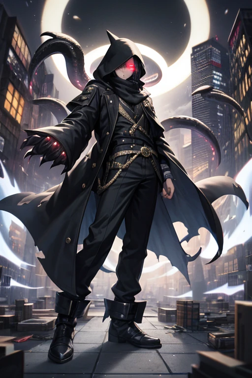 ((best quality)), ((masterpiece)), (detailed), 1 boy, full body, 23 years old, young adult, black scarf, bandage covering his mouth, eyes glowing white, 1 scratch on his right eye, pointy hood, black skin, disheveled hair, torn black coat covering everything, baggy sleeves, tall, thin, torn sleeves, white marks on his coat in a zig zag pattern, black fingers, black wristbands with white circles, black tentacles coming out of his coat, warlock, brooch with an eye symbol on his coat, claws, black baggy pants, black boots, floating through the city, floating books, city background, anime