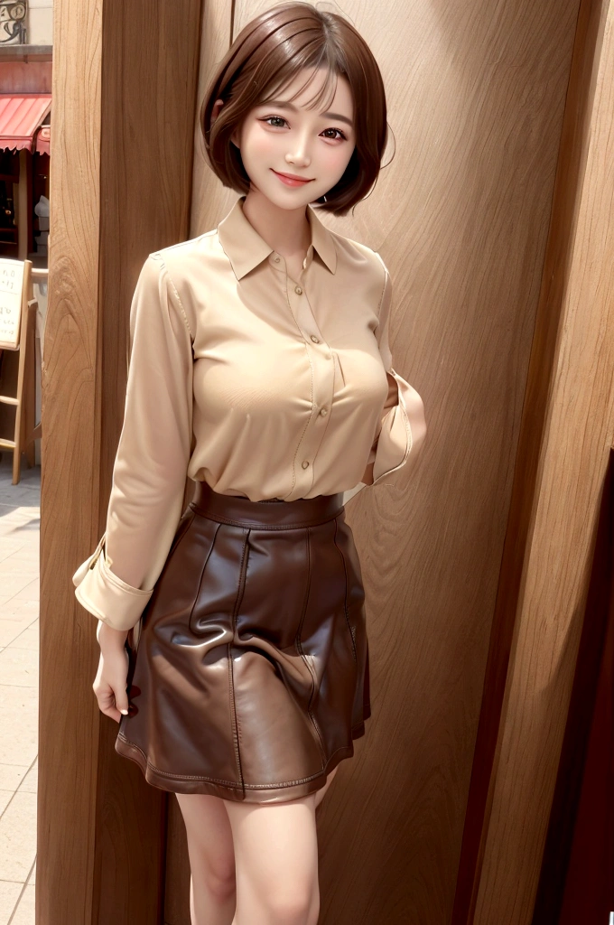 1woman, idol, bob cut, short hair, brown hair, cafe, 20s, flared sleeve blouse, flared skirt, smile, pancakes,